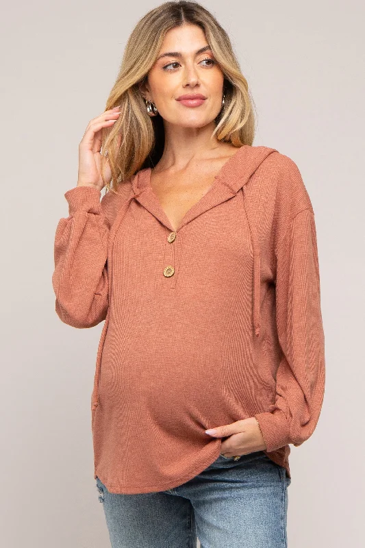 Leather-Paneled SweatshirtsRust Button Accent Hooded Maternity Henley Top