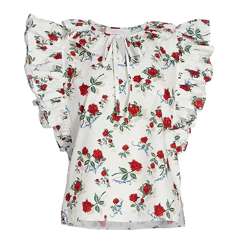 Designer Short Sleeve TopsSee by Chloe Womens DITA Cotton Poplin Floral Print Flutter Sleeve Blouse Top