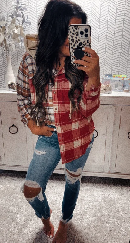 Cropped HoodiesRed Multi Hooded Flannel