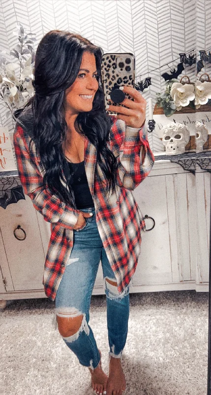 Distressed HoodiesRed/Navy Plaid Hooded Flannel