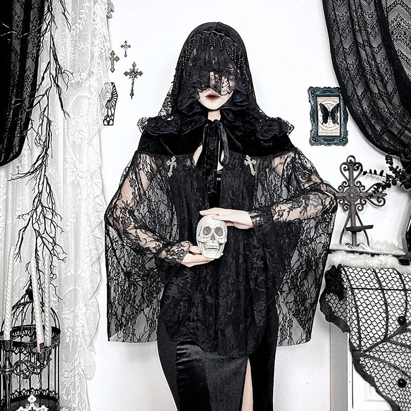 Outdoor SweatshirtsWomen's Gothic Tassels Lace Cape with Hood