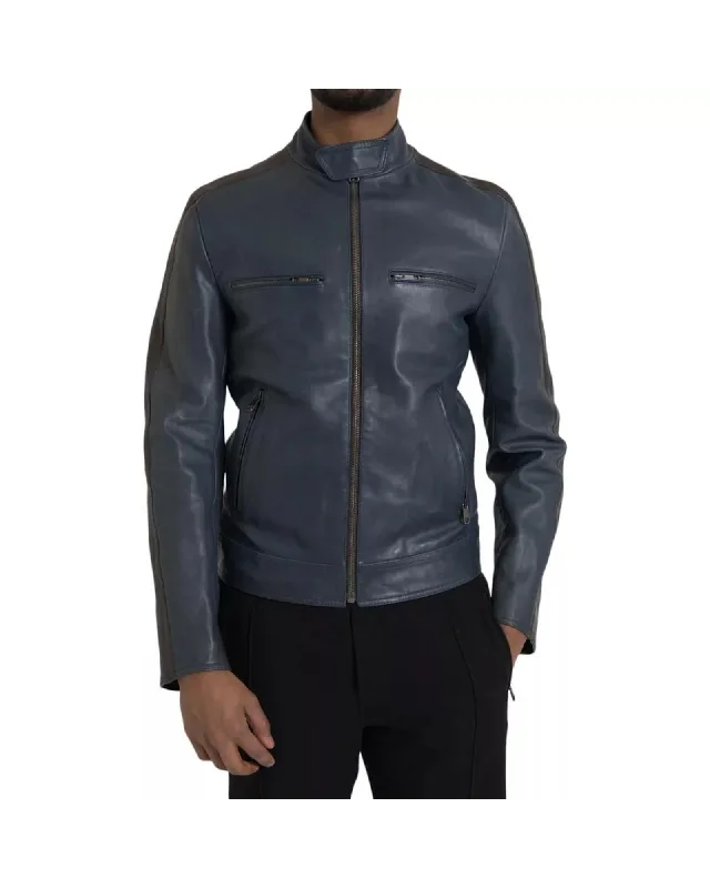 Dolce & Gabbana  Men's Blue Leather Biker JacketFringed Jackets