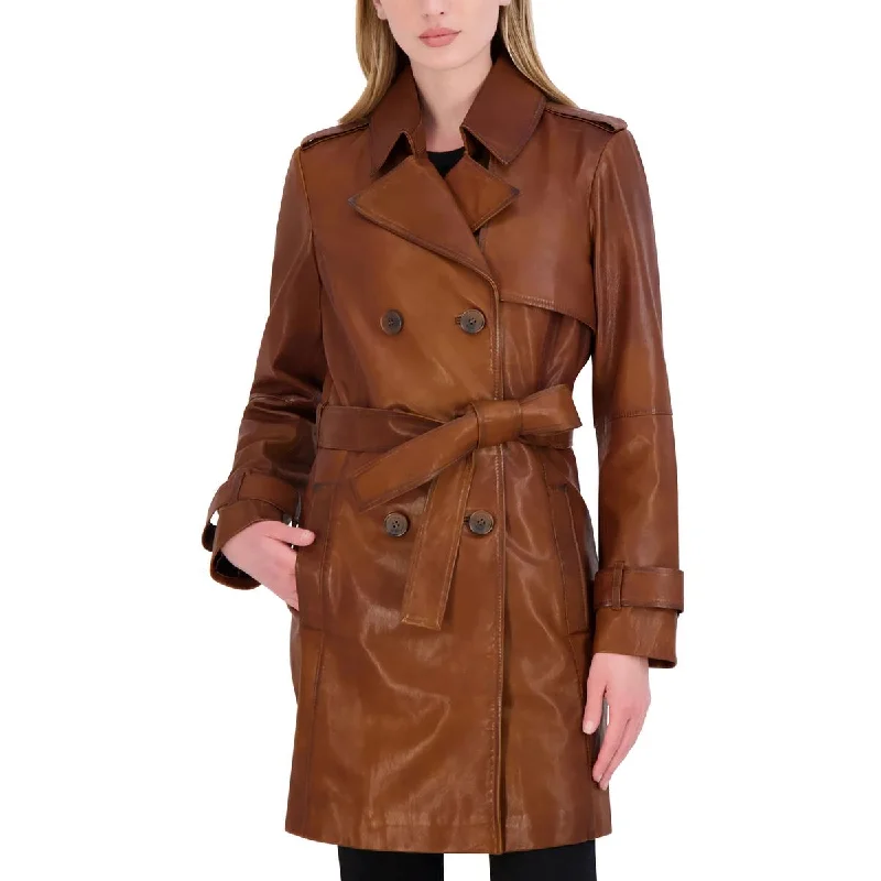 Petites Womens Collared Long Leather JacketWork Jackets