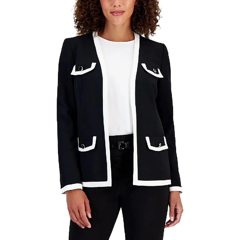 Petites Womens Contrast Trim Collarless Open FrontAsymmetrical Jackets