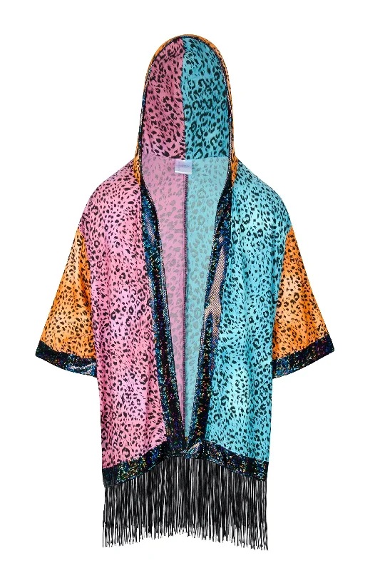 Statement HoodiesBig Cat Energy Hooded Kimono with Holo & Fringe