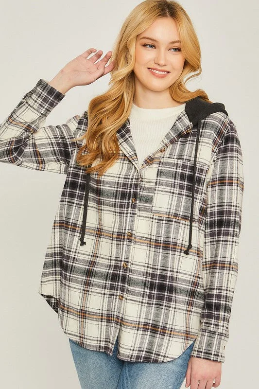 Asymmetrical HoodiesPlaid Flannel Button Up Shacket with Hood