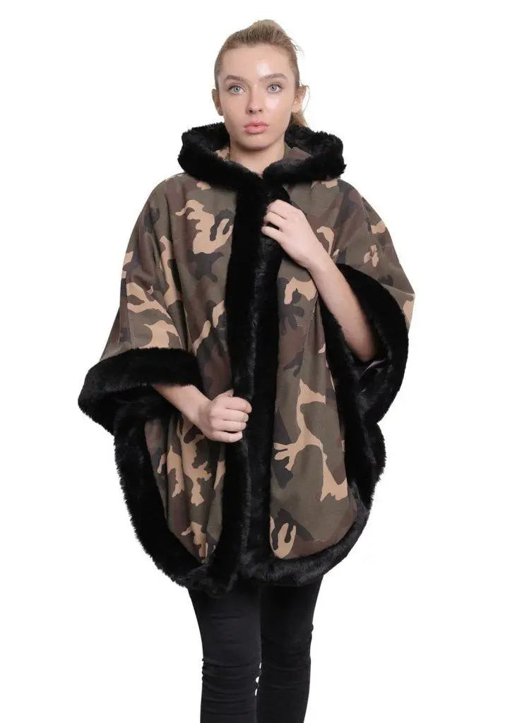 Yoga SweatshirtsDe La Creme - Women's Camo Print Fur Trim Hooded Cape