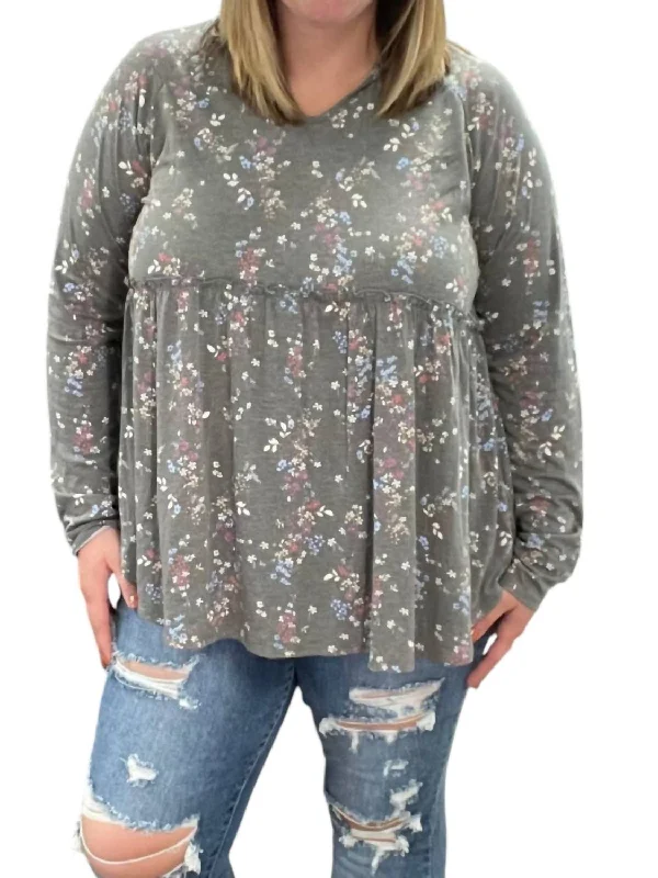 Travel SweatshirtsFloral Hooded Babydoll Top In Gray