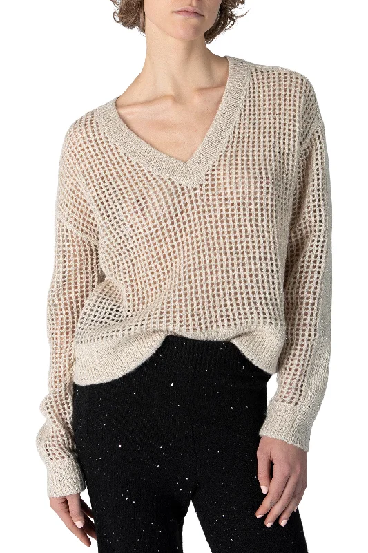 Angora Knit TopsATM Sequin Wool Blend Net Stitch Sweater in Chalk