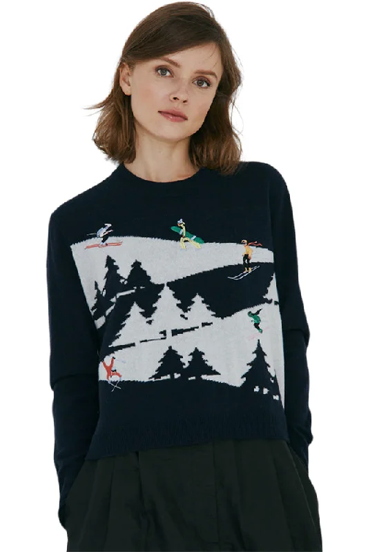 Cotton Knit TopsAutumn Cashmere Snowscape with Skiers Sweater in Navy Combo