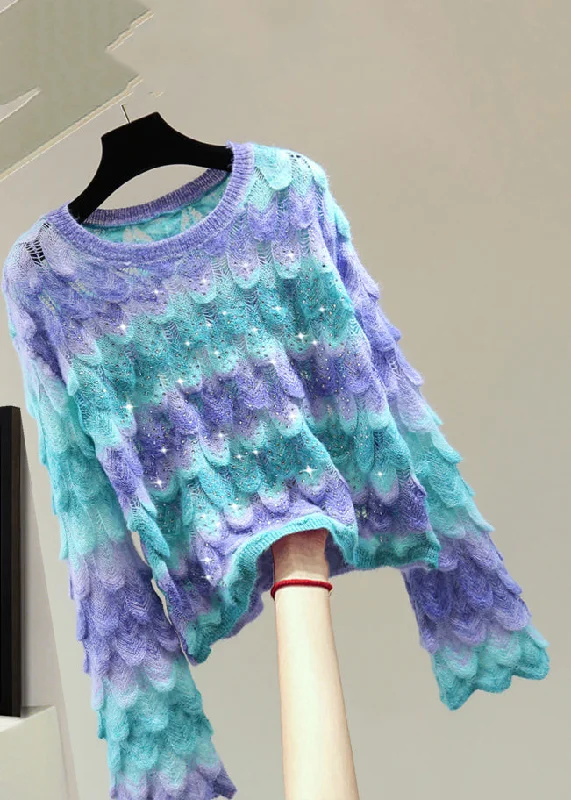 Polyester Knit TopsBeautiful Blue O-Neck Zippered Hollow Out Cotton Knit Sweater Flare Sleeve