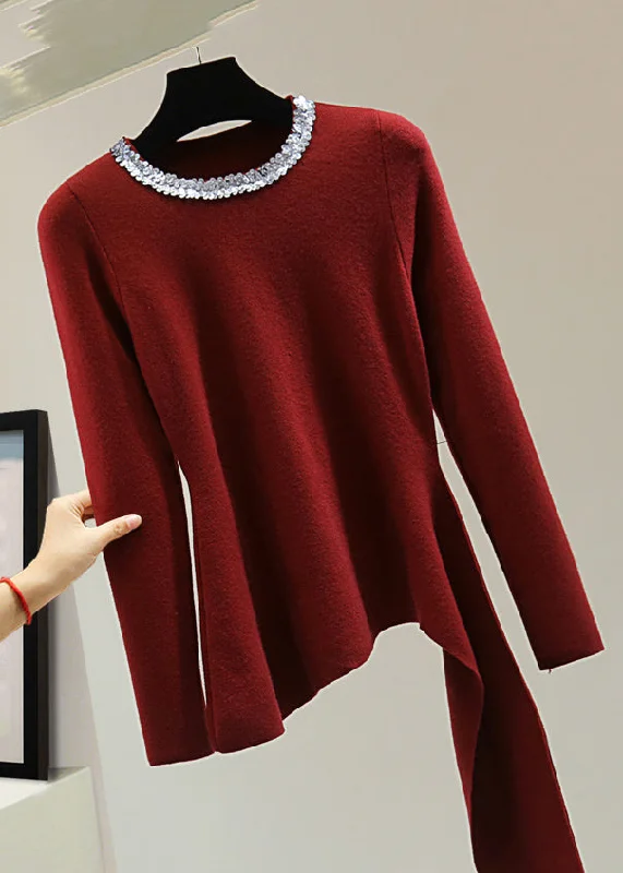 Bamboo Knit TopsBoutique Red Asymmetrical Sequins Patchwork Cotton Knit Sweater Winter