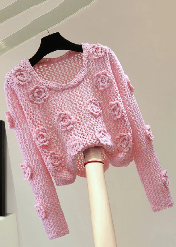 Metallic Knit TopsBrief Pink Floral Hollow Out Cotton Knit Sweaters Spring