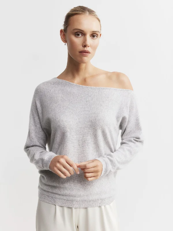 Polyester Knit TopsCashmere Off Shoulder Sweater - Grey Melange