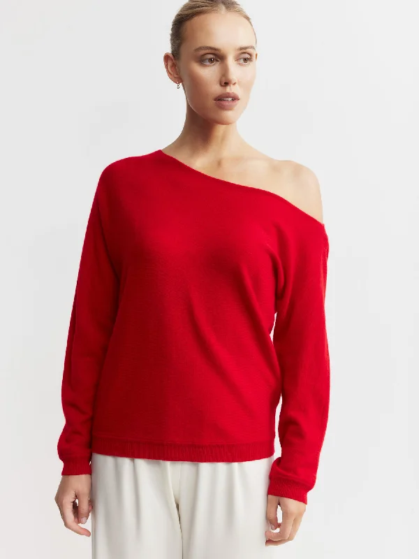 Recycled Fabric Knit TopsCashmere Off Shoulder Sweater - Red