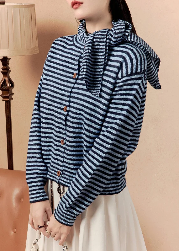 Hip-Hop Knit TopsCasual Blue Scarf Striped Button Knit Sweater Winter