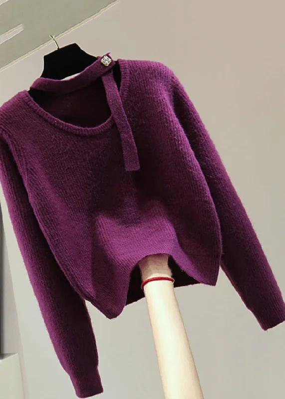 Plush Knit TopsCasual Purple O-Neck Cozy Cotton Knit Sweaters Winter