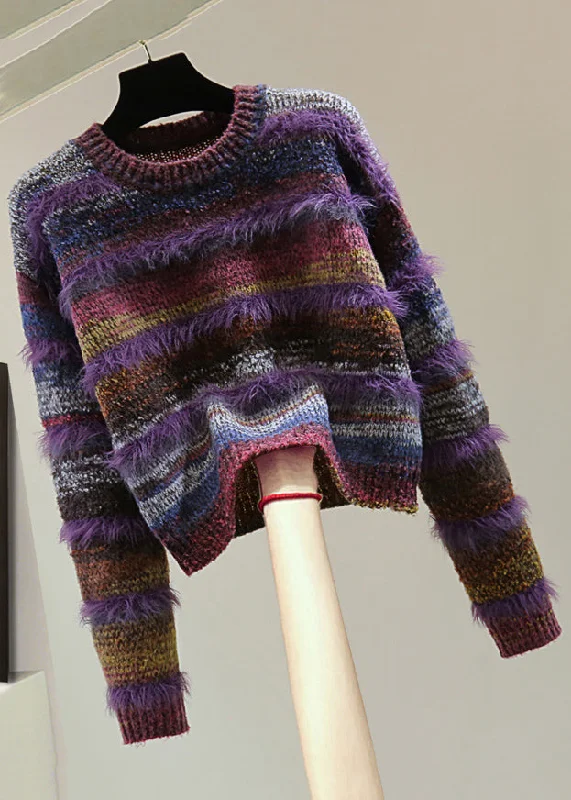 Sheer Knit TopsCasual Purple O-Neck Thick Striped Cotton Knit Sweater Top Winter