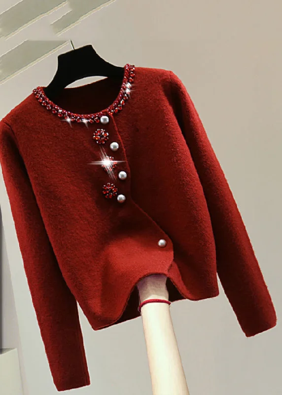 Recycled Fabric Knit TopsElegant Red O-Neck Thick Cotton Knit Sweater Winter