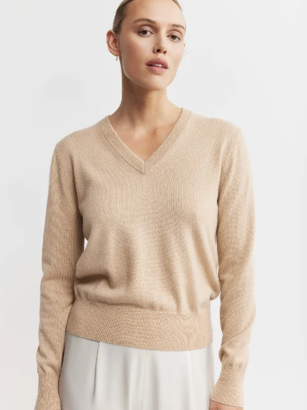 Spring Knit TopsEssential Cashmere Rib V Sweater - Camel