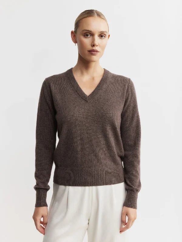 Fall Knit TopsEssential Cashmere Rib V Sweater - Brown Melange