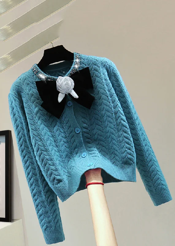 Thermal Knit TopsFashion Blue O-Neck Zippered Bow Thick Cable Cotton Knit Sweaters Winter