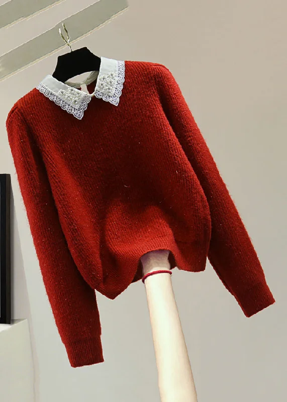 Alpaca Knit TopsFashion Red Peter Pan Collar Nail Bead Cotton Knit Sweater Winter