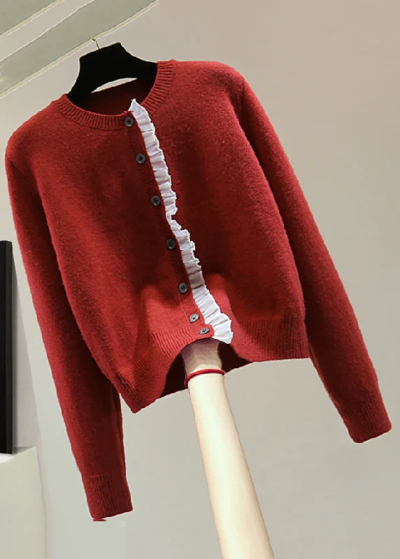 Work Knit TopsFine Red O-Neck Chiffon Patchwork Thick Cotton Knit Sweater Winter