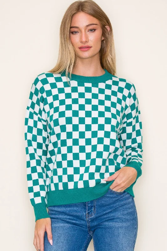 Artist Knit TopsFinish Line Checkered Sweater in Kelly Green