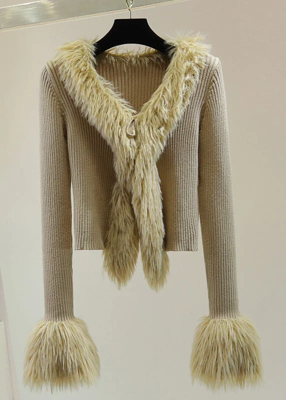 Wool Knit TopsFrench Khaki Fur Collar Patchwork Cotton Knit Sweater Tops Winter