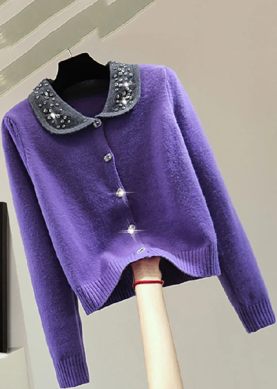 Spring Knit TopsFrench Purple Peter Pan Collar Nail Bead Cotton Knit Sweaters Winter