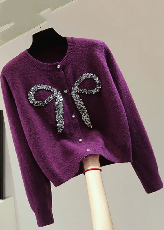 Organic Cotton Knit TopsHandmade Purple Bow Nail Bead Sequins Cotton Knit Sweaters Winter