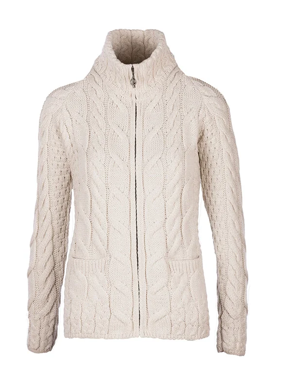 Tasseled Knit TopsAran - Shaped Zipper Cardi - Cream