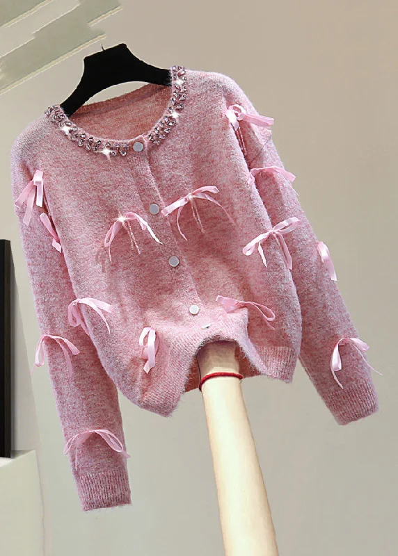 Thermal Knit TopsItalian Pink O-Neck Zippered Bow Cotton Knit Sweaters Winter