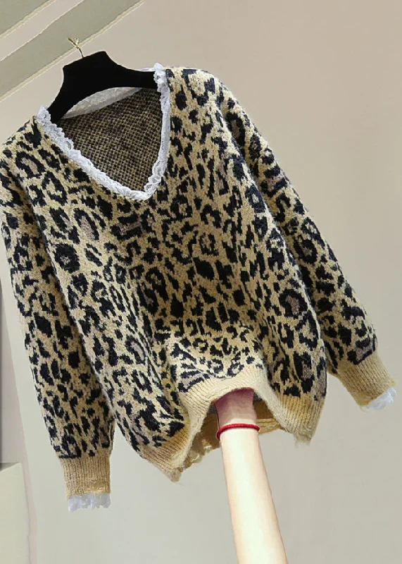 Running Knit TopsLoose Khaki Leopard Lace Patchwork Hole Cozy Cotton Knit Sweater Winter