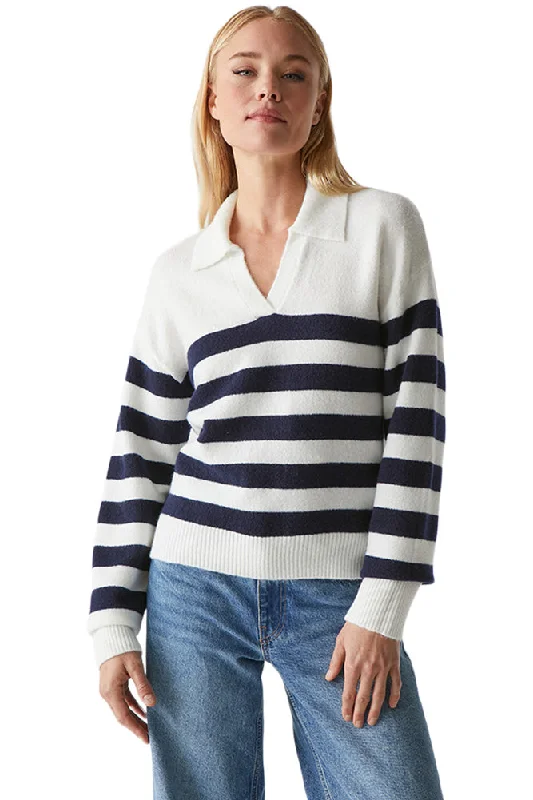 Metallic Knit TopsMichael Stars Finley Johnny Collar Sweater in Chalk Nocturnal Stripes