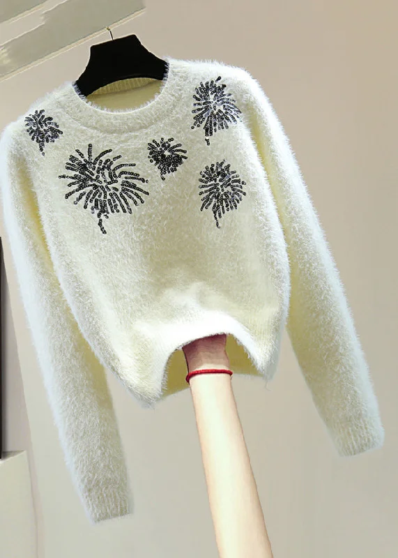 Outdoor Knit TopsNatural White O-Neck Sequins Thick Cotton Knit Sweater Winter