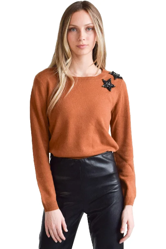 Wool Knit TopsNever A Wallflower Jewel Neck Sweater Burnt Sienna with Black Stars