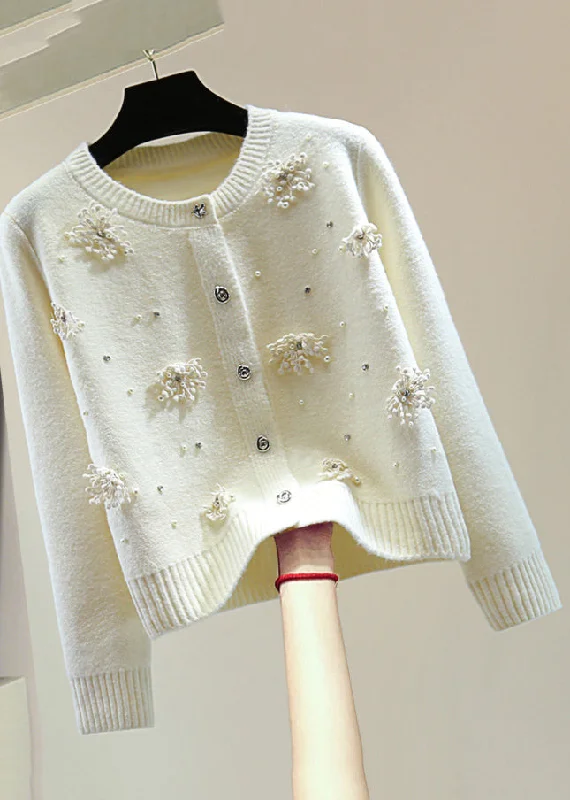 French Terry Knit TopsOriginal Design Apricot Floral Nail Bead Thick Cotton Knit Sweaters Winter