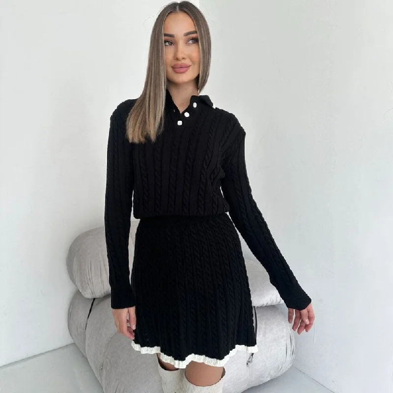 Graphic Knit TopsPreppy Collared Sweater and High Waist Cable Knit Mini Skirt Matching Set