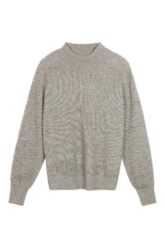 Running Knit TopsRepeat Cashmere Rib Knit Sweater with Crochet Details on Sleeves in Light Grey