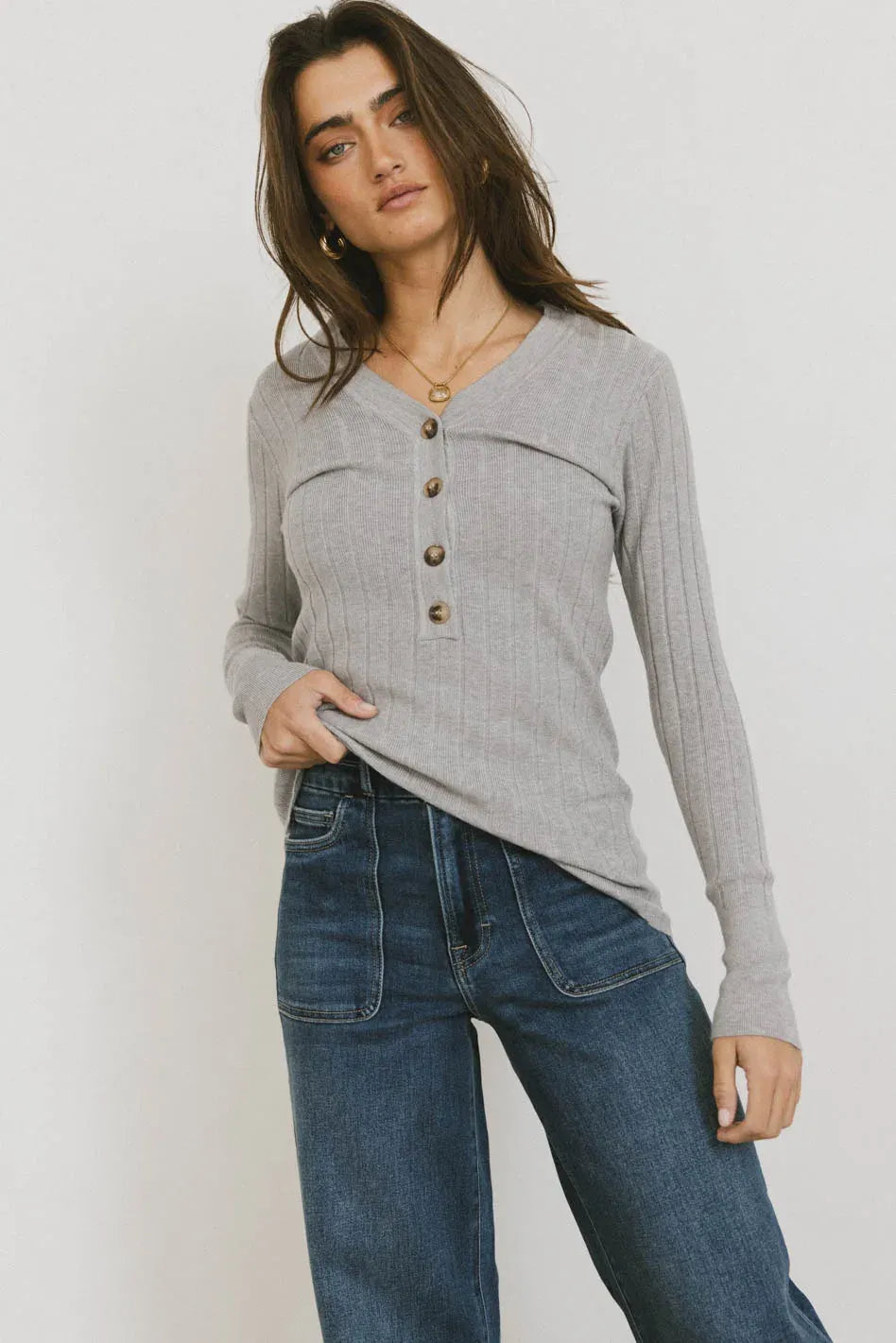 Recycled Fabric Knit TopsRibbed Button Front Top in Grey