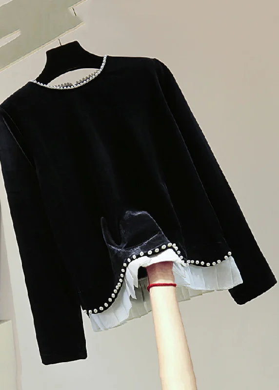 Linen Knit TopsSimple Black O-Neck Nail Bead Silk Velvet Sweater Winter