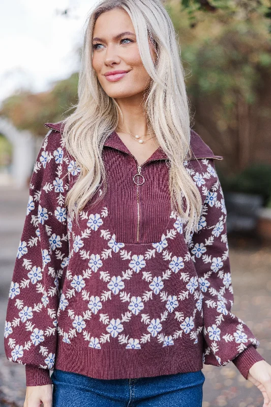 Linen Knit TopsStay Together Brown Floral Half Zip Sweater