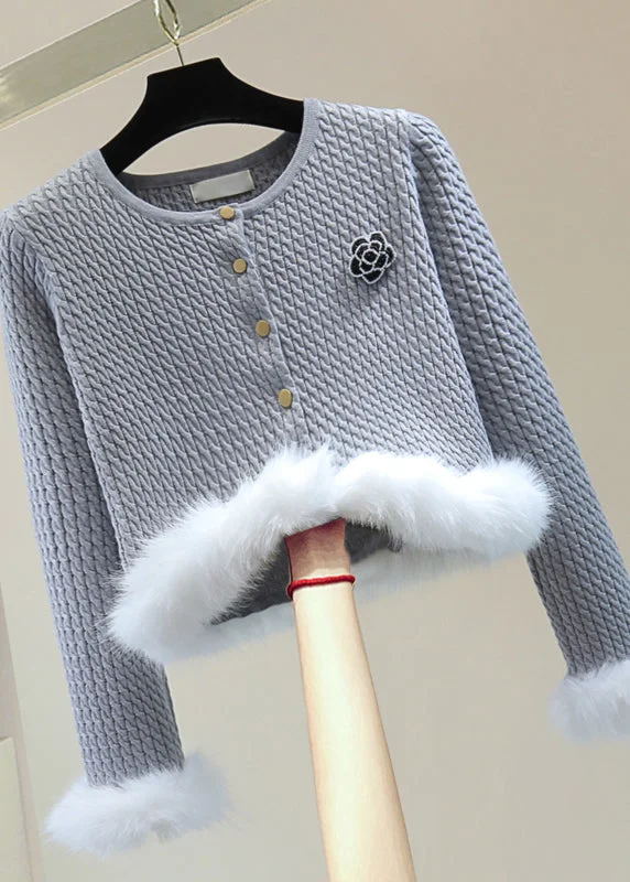 Fleece Knit TopsStylish Grey O-Neck Floral Fuzzy Fur Fluffy Cotton Knit Sweater Winter