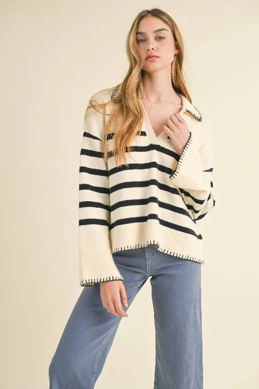 Leather-Paneled Knit TopsNavy Striped Sweater