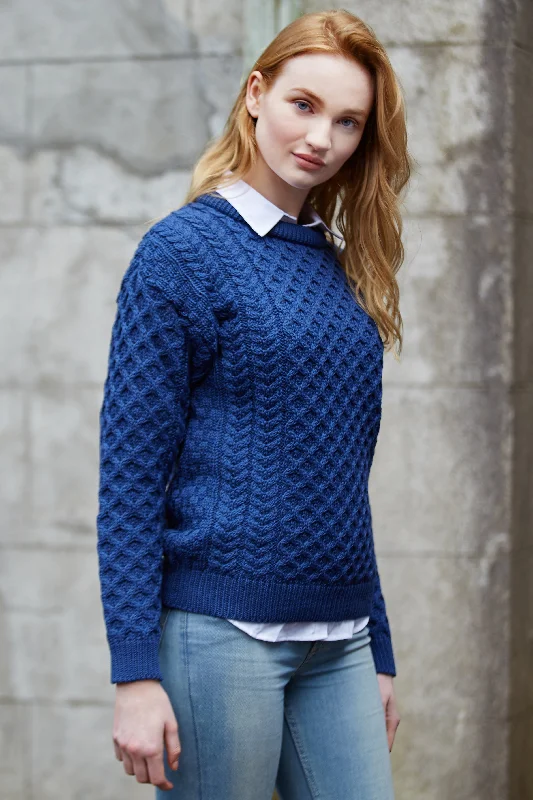 Travel Knit TopsTraditional Women's Aran Sweater Super Soft-Blue