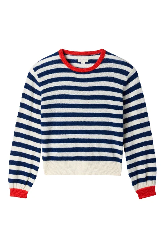 Hemp Knit TopsTrovata Birds of Paradis Ryann Sweater in Navy Stripe with Red