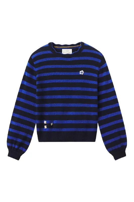 Ruffled Knit TopsTrovata Birds of Paradis Ryann Sweater in Navy with Blue Stripes