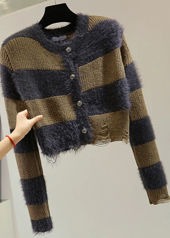 Yoga Knit TopsUnique Coffee O-Neck Striped Hole Ma Hai Mao Cotton Knit Sweater Winter